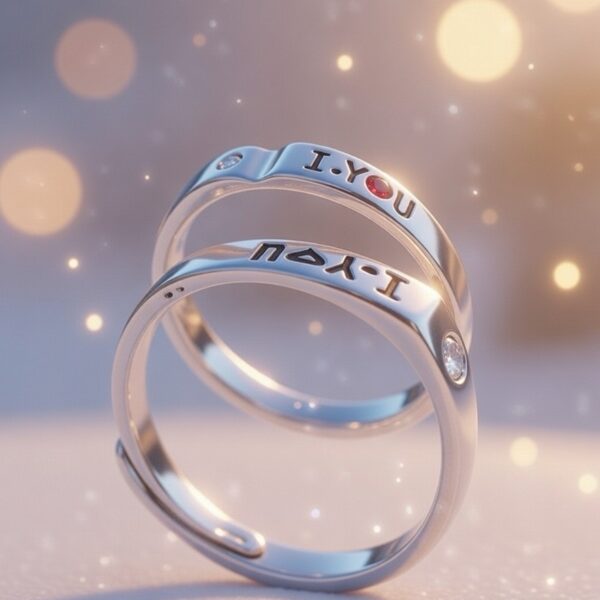 925 Sterling Silver Adjustable Couple Ring – “I ♥ You” Engraved with Stone Accent