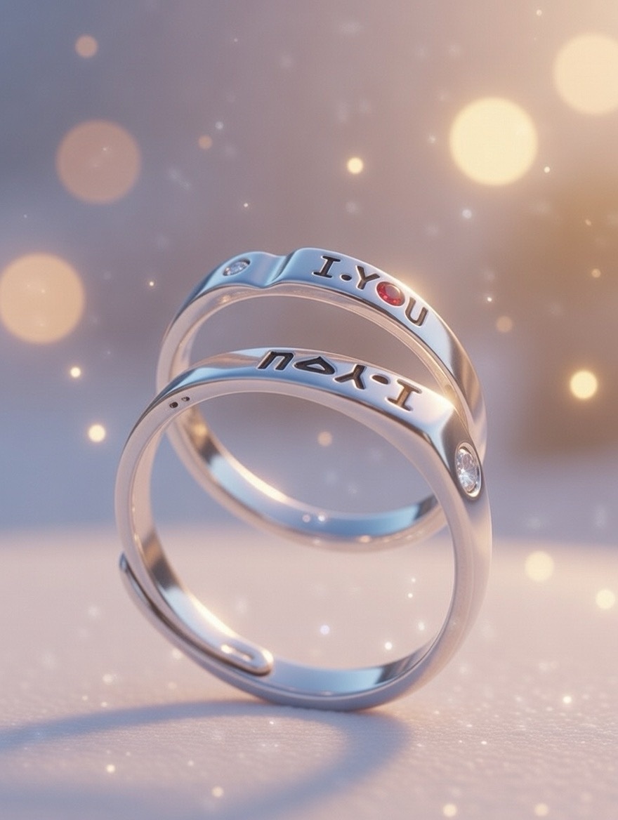 925 Sterling Silver Adjustable Couple Ring – “I ♥ You” Engraved with Stone Accent