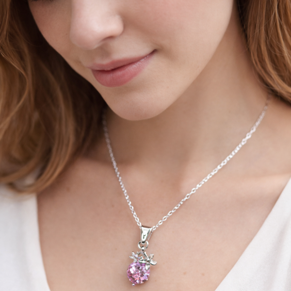 925 Sterling Silver Necklace with Pink Crystal Pendant for Women