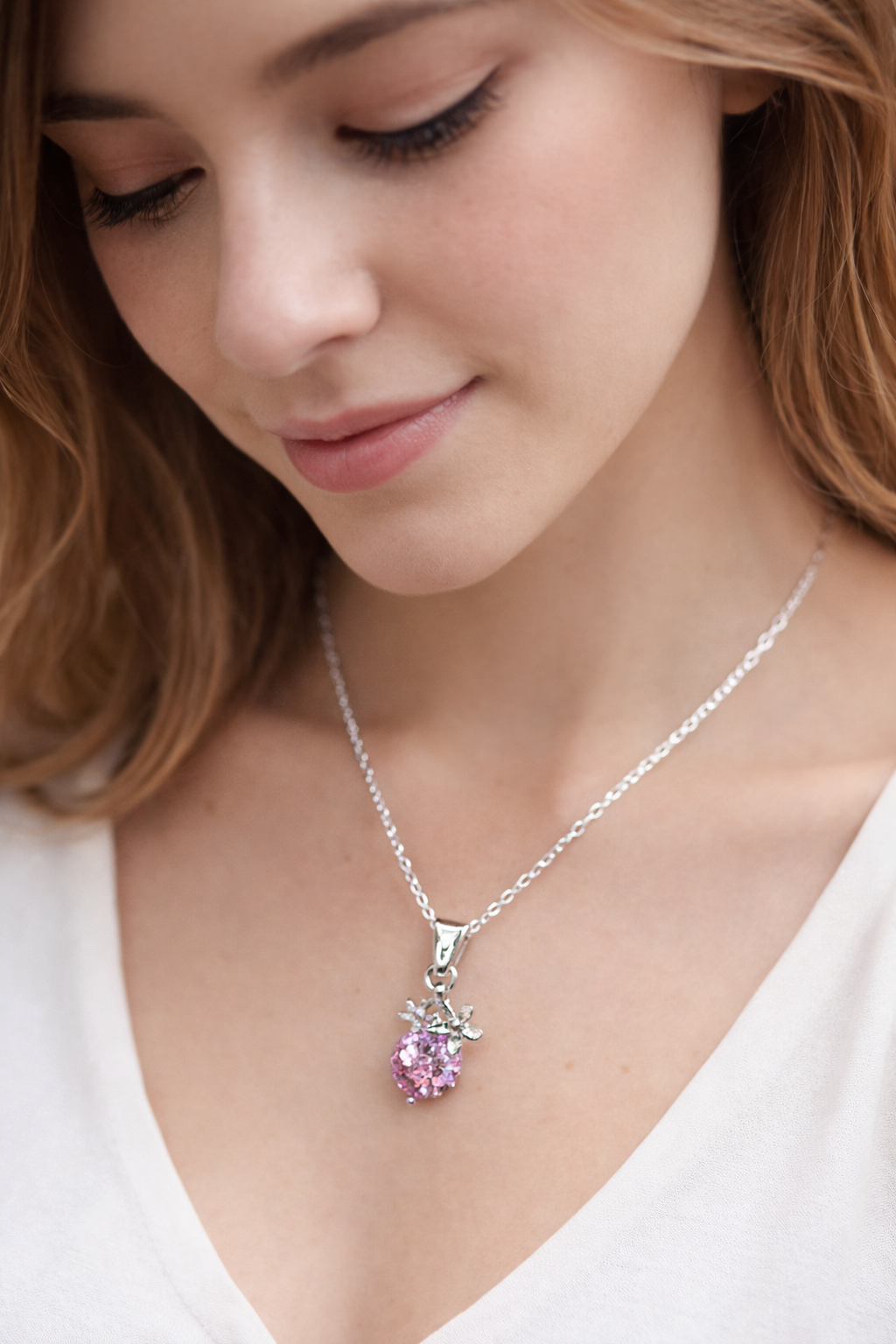 925 Sterling Silver Necklace with Pink Crystal Pendant for Women
