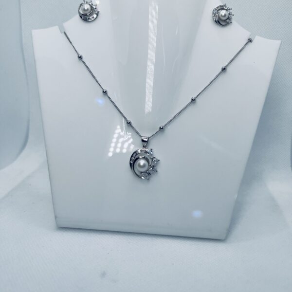 Silver Pearl Pendant Necklace Earrings Set for Women