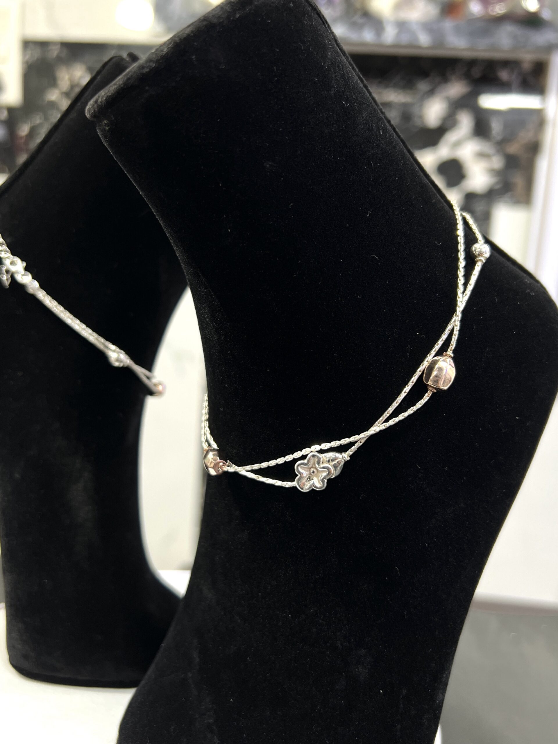 Silver Flower & Rose Gold Beads 925 Silver Anklet