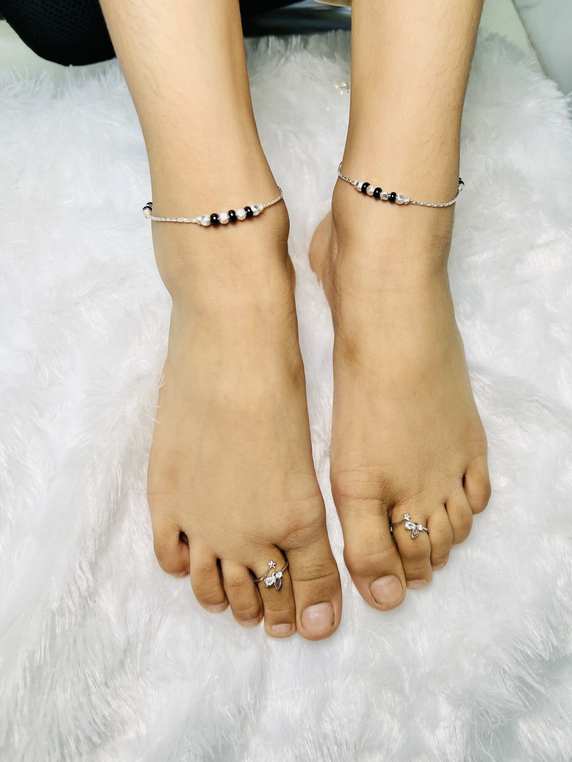 925 Silver Black Bead Tied-Up Anklet