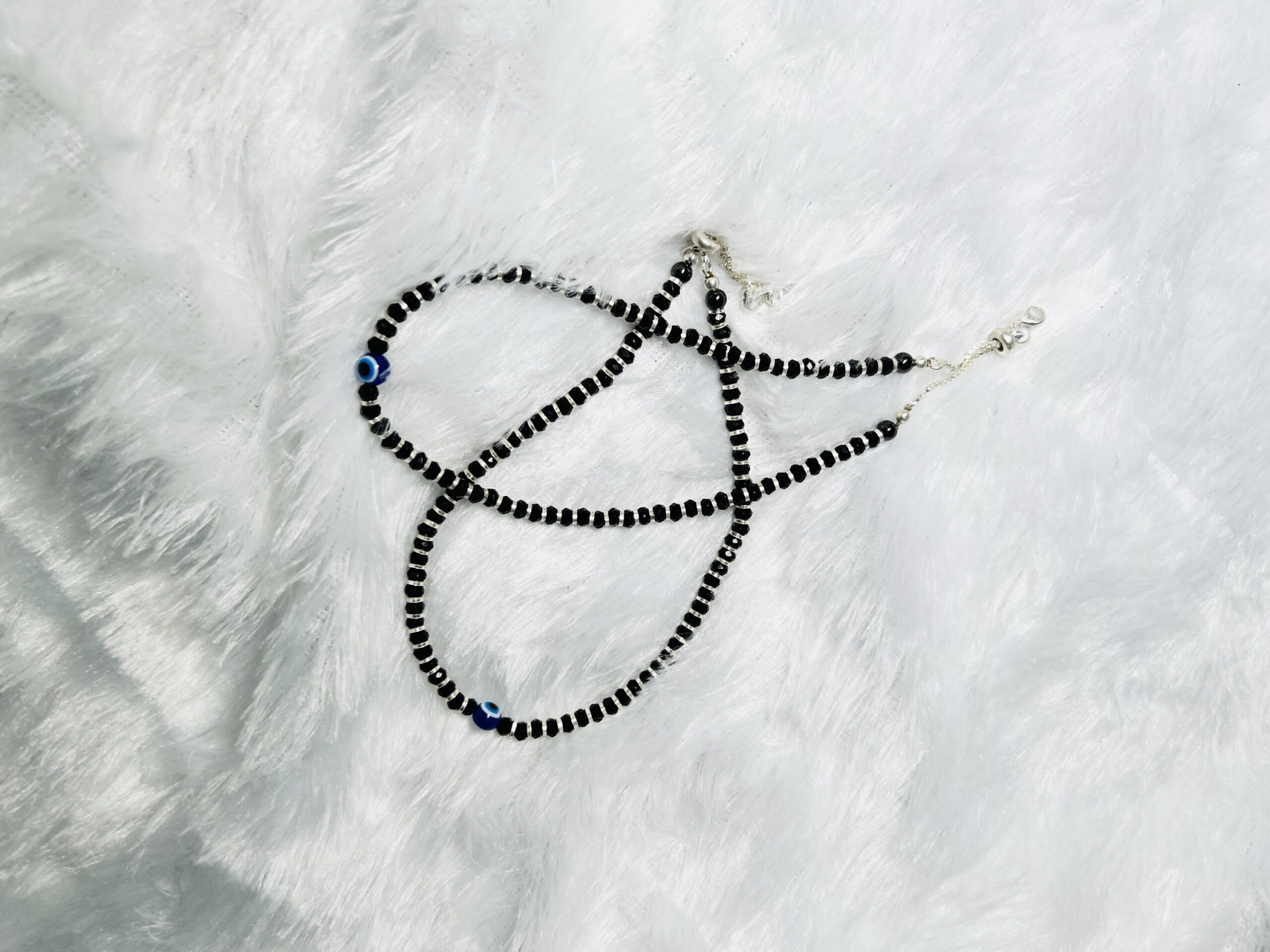 925 Silver Black Bead Tied-Up Anklet
