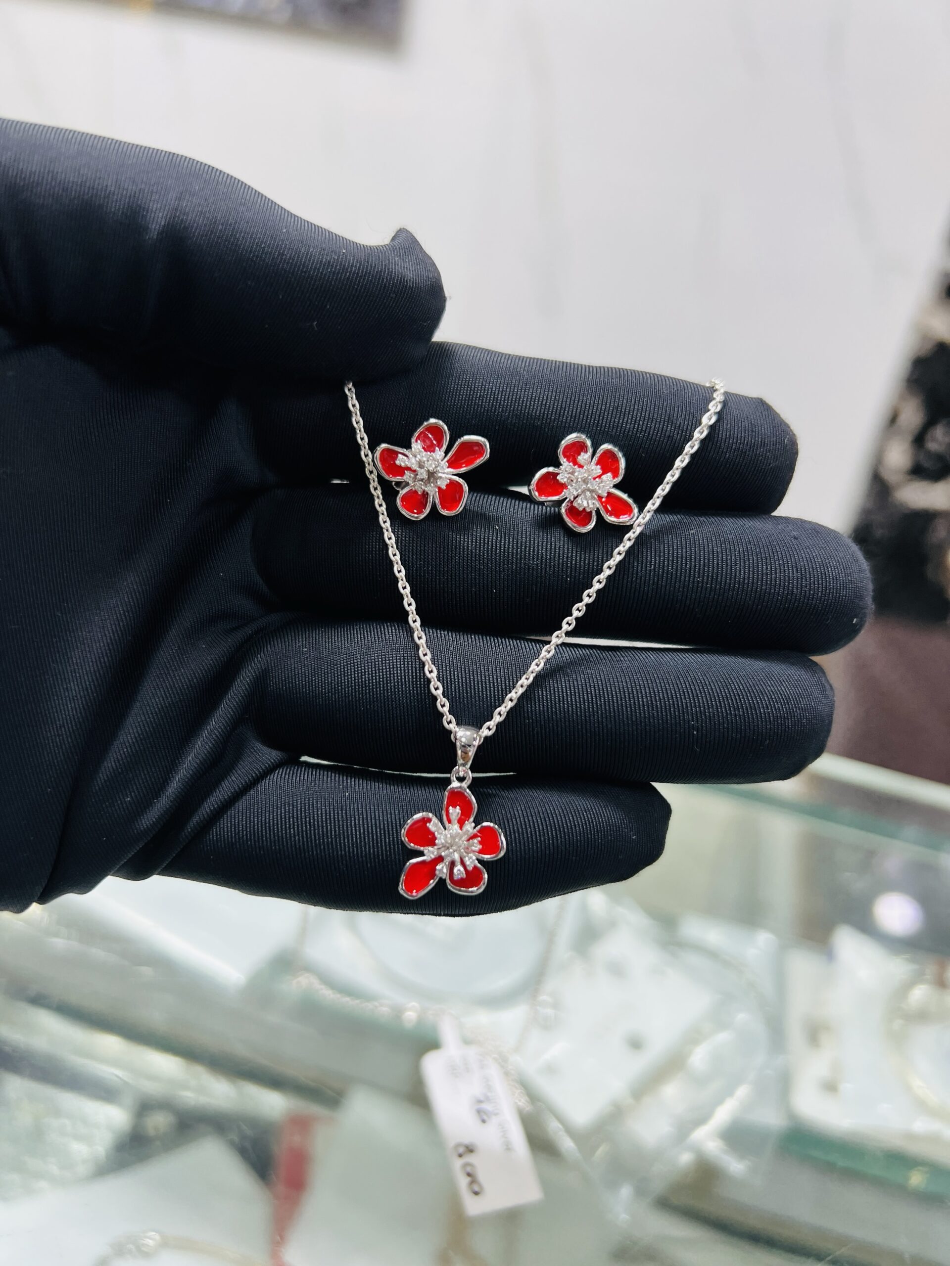 Elegant 925 Italian Silver Red Flower Pendant Set 🌸