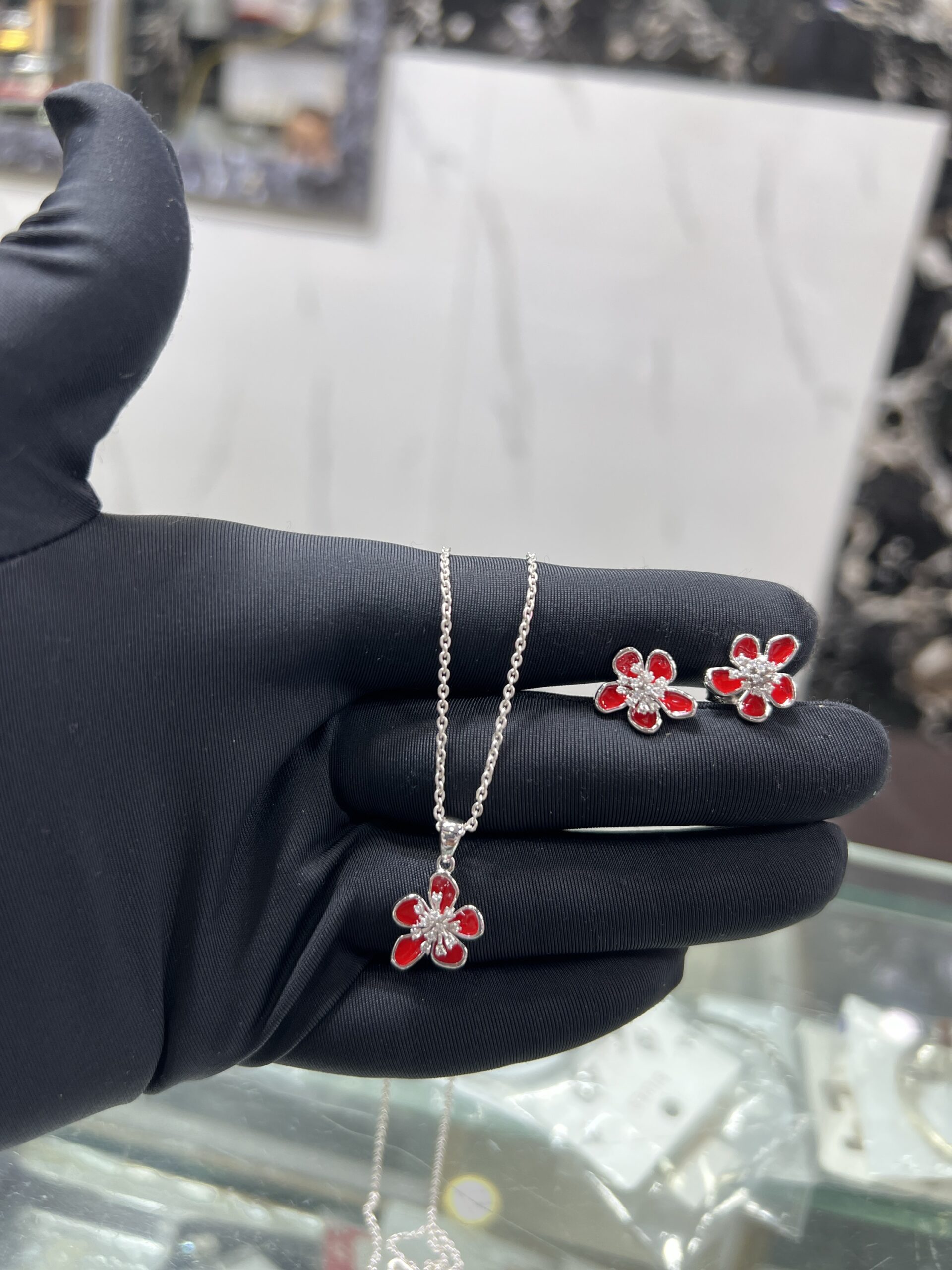 Elegant 925 Italian Silver Red Flower Pendant Set 🌸 - Image 2