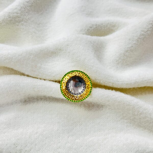 Greek Key Design Round Statement Ring – Gold & Green Accent Adjustable