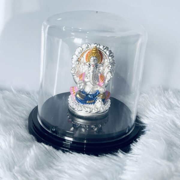 999 Silver Lord Ganesha Murti with Emerald & Gold Accents in Glass Dome