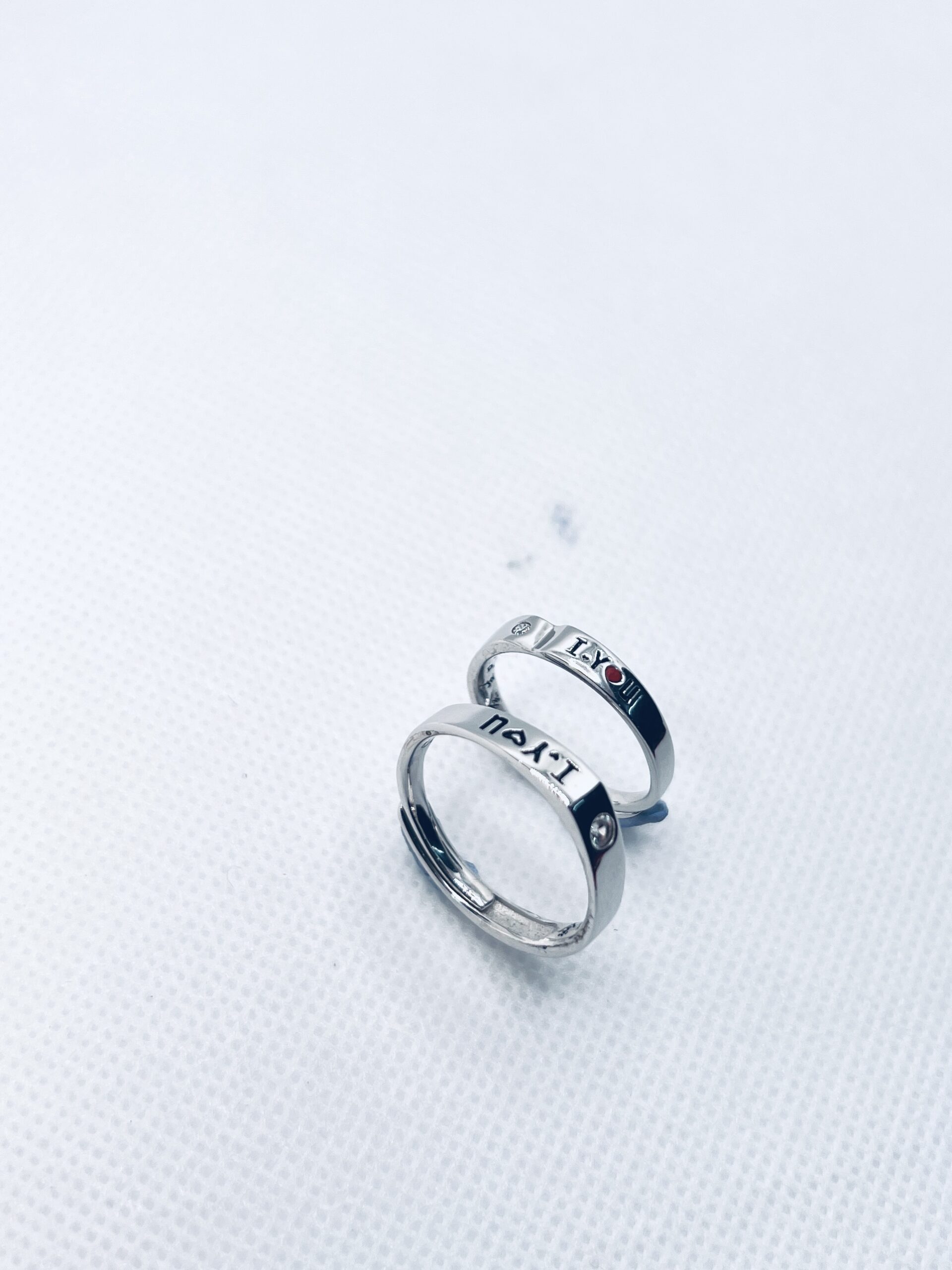 925 Sterling Silver Adjustable Couple Ring – “I ♥ You” Engraved with Stone Accent - Image 2